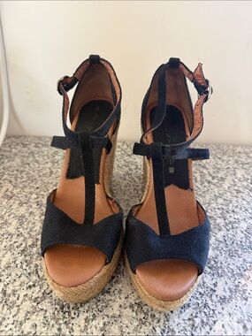 Lucky Brand Black Canvas Espadrille Wedge Sandals
